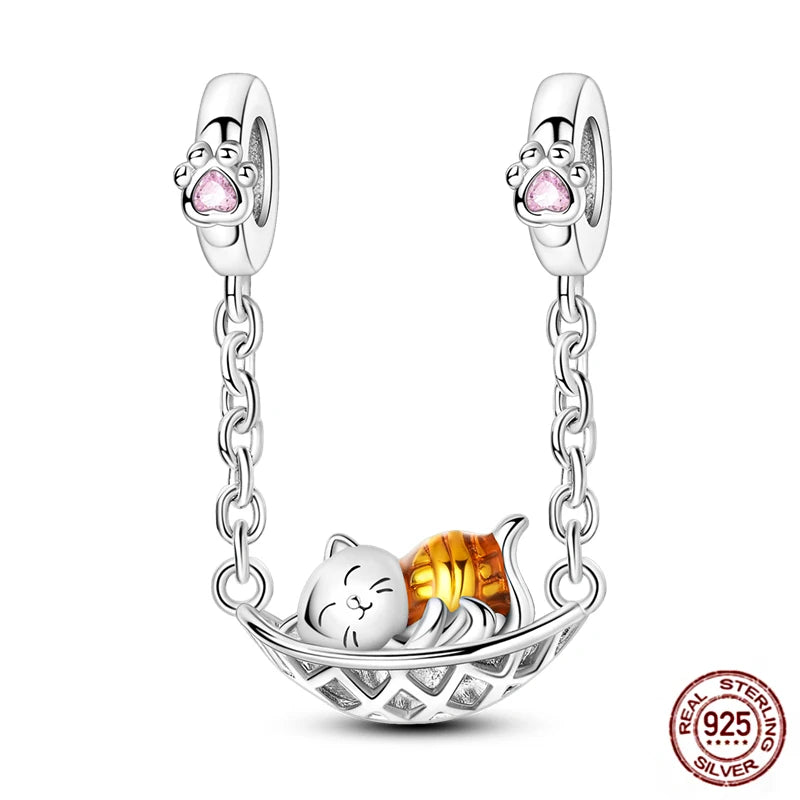 925 sterling silver cat charm with pink paw beads for DIY charm bracelets. Cute gift for pet lovers.