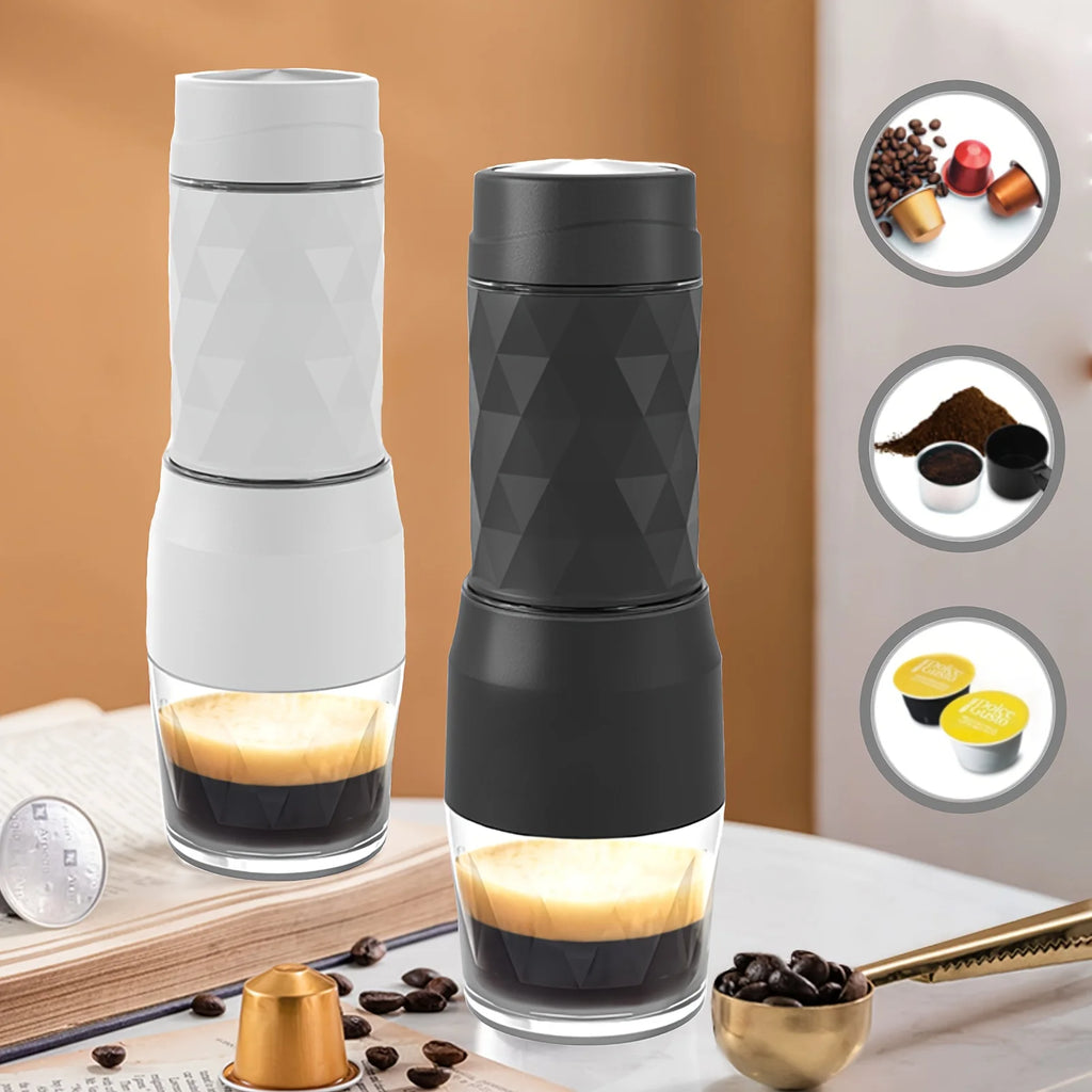Portable manual espresso maker in black and white with geometric texture, compatible with coffee capsules and grounds.