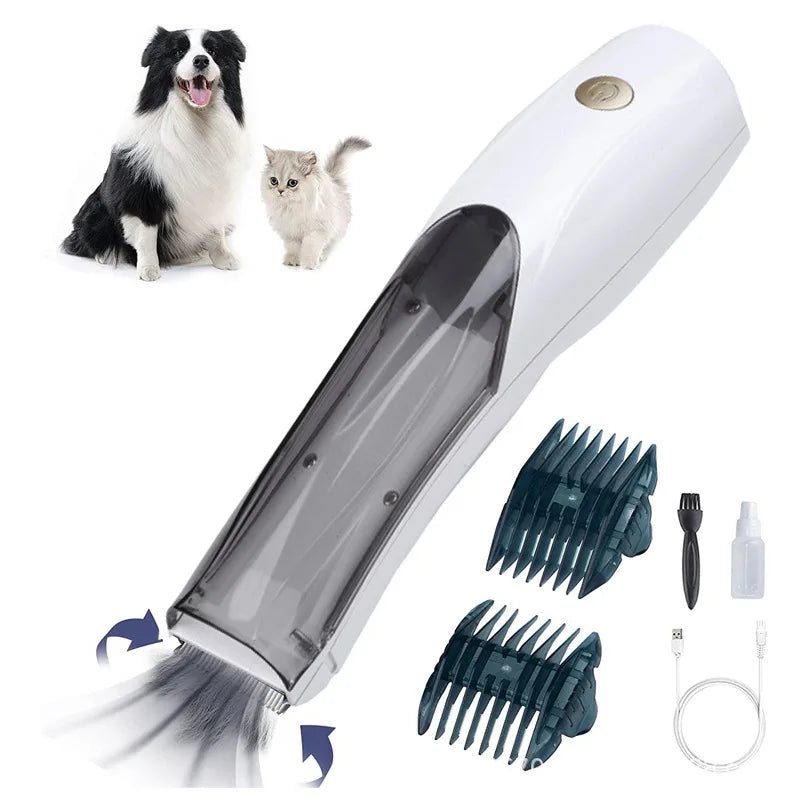 Portable white 3-speed rechargeable pet vacuum hair clipper for easy dog and cat grooming and hair removal.
