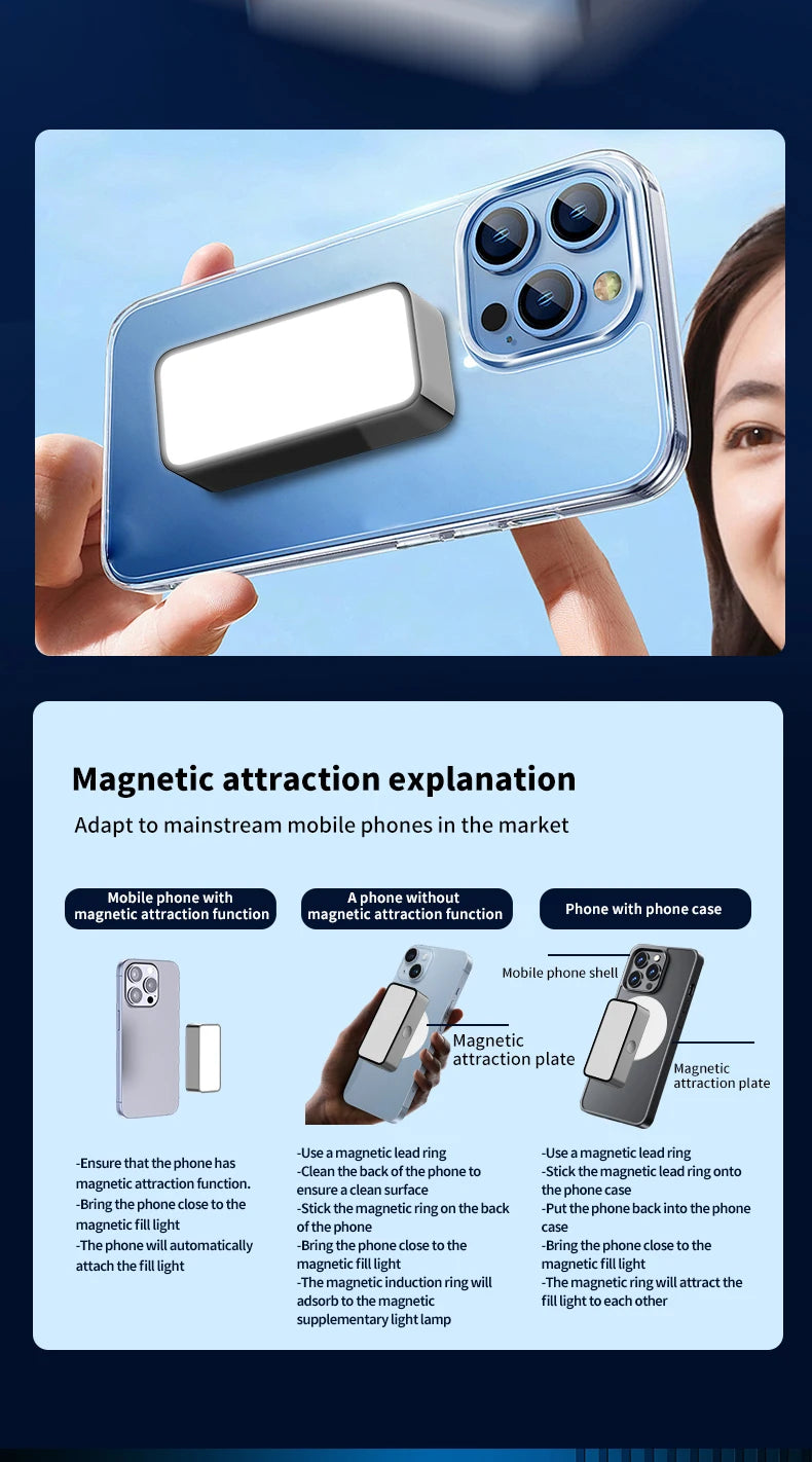 Rectangular magnetic LED fill light attached to a clear smartphone case for improved mobile photography lighting.