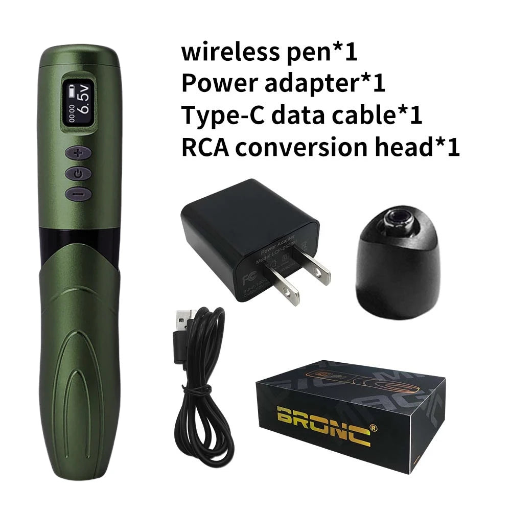 Olive green wireless tattoo pen with digital display, power adapter, USB-C cable, and RCA conversion head.