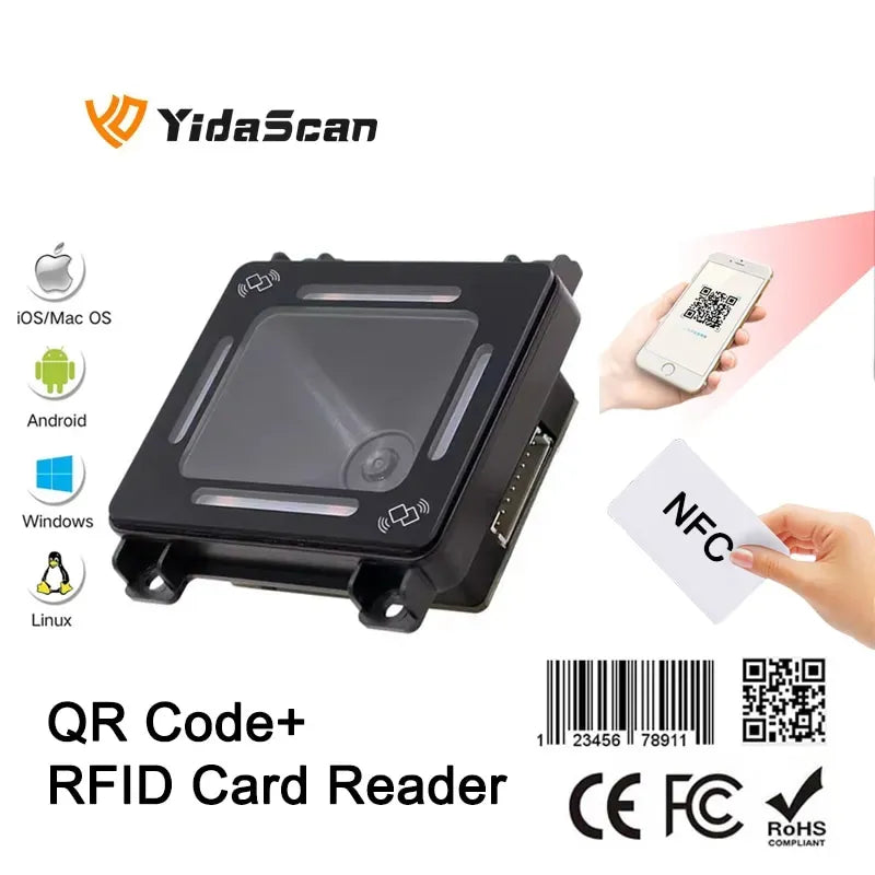Black square QR and RFID card reader with angled housing and central scan lens