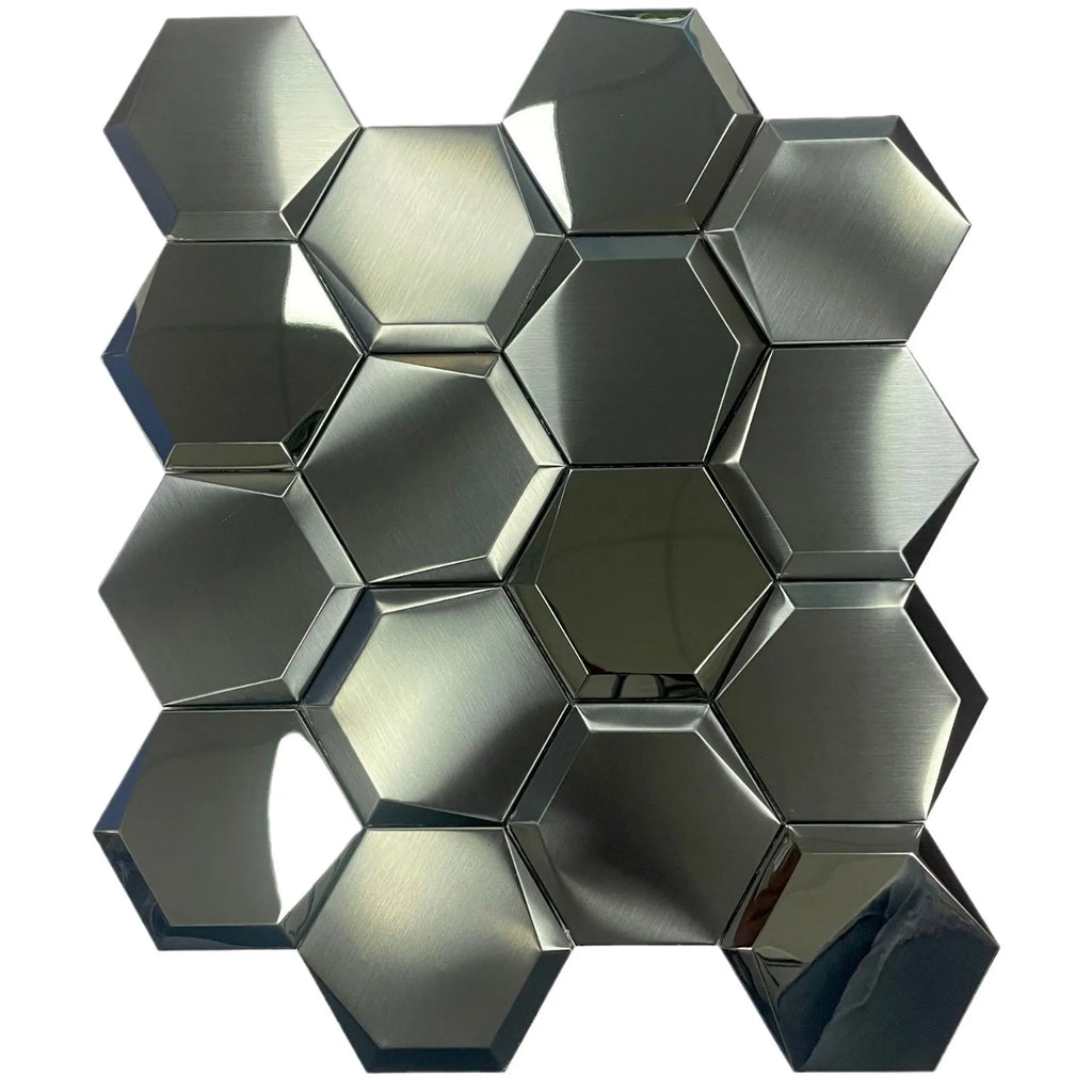 Hexagon Self-Adhesive Metal Mosaic Tiles, 3D Stainless Steel Look Aluminum Plastic Panel, Peel and Stick for Living Dining