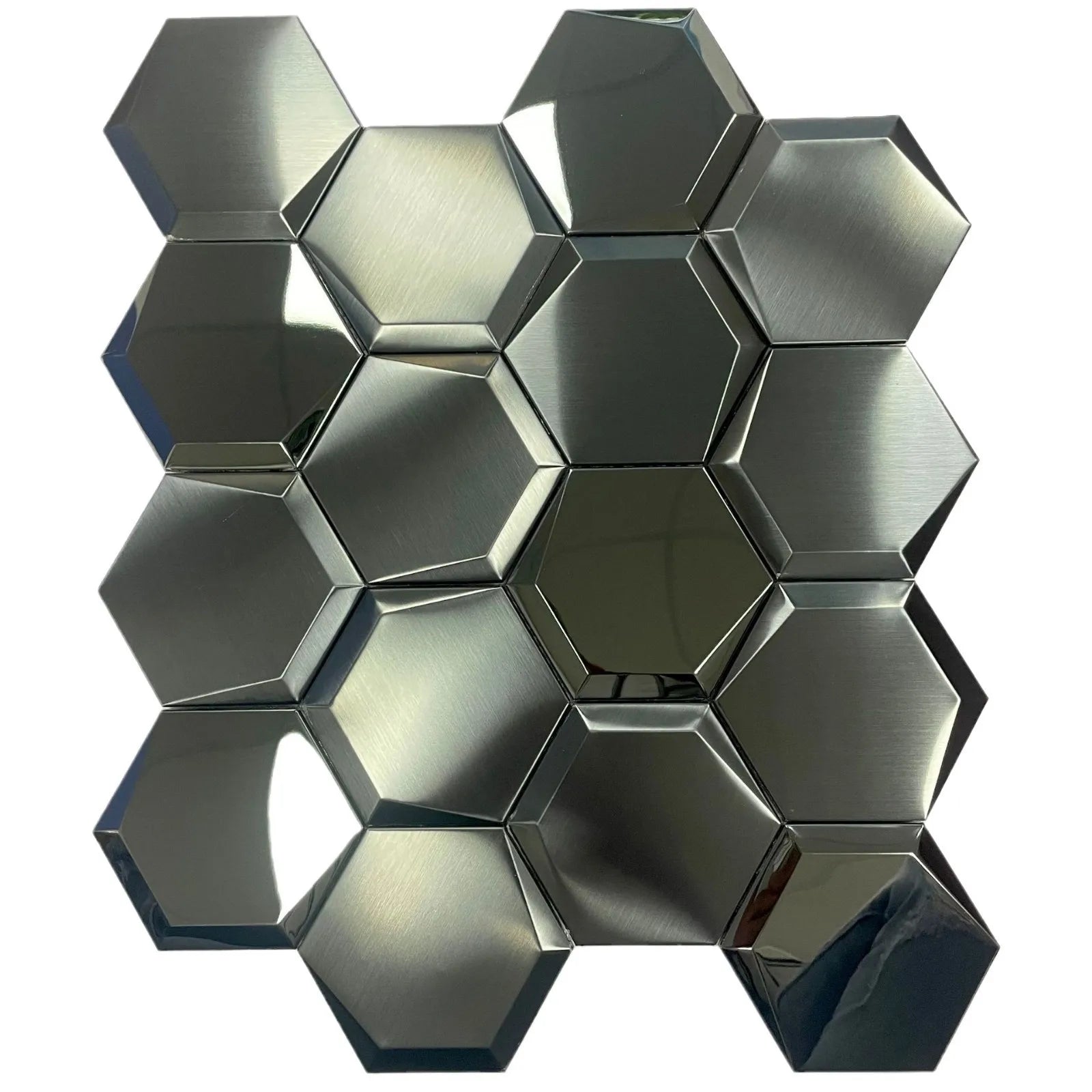 Hexagon Self-Adhesive Metal Mosaic Tiles, 3D Stainless Steel Look Aluminum Plastic Panel, Peel and Stick for Living Dining