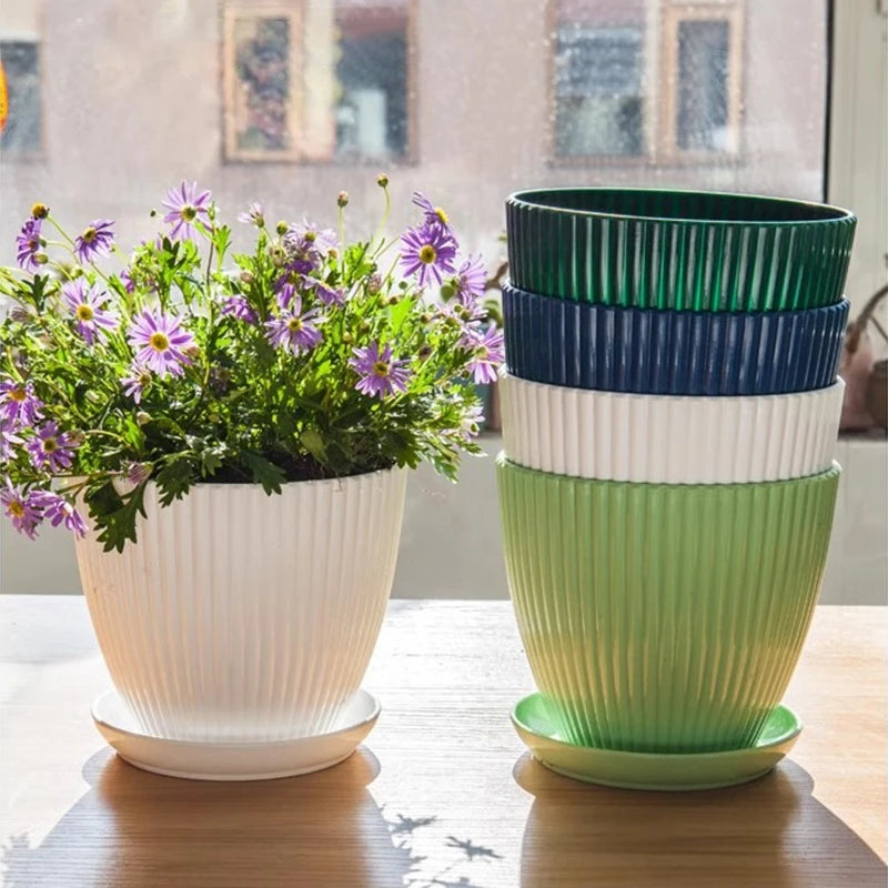 Plastic Flower Pots with Tray Solid Color Plant Pot Thickened Double Layer Green Plant Potted Planters Gardening Supplies