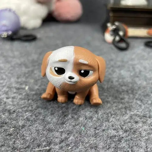 Cute brown and white puppy toy figurine, perfect as a collectible cartoon desk decoration or gift for kids.