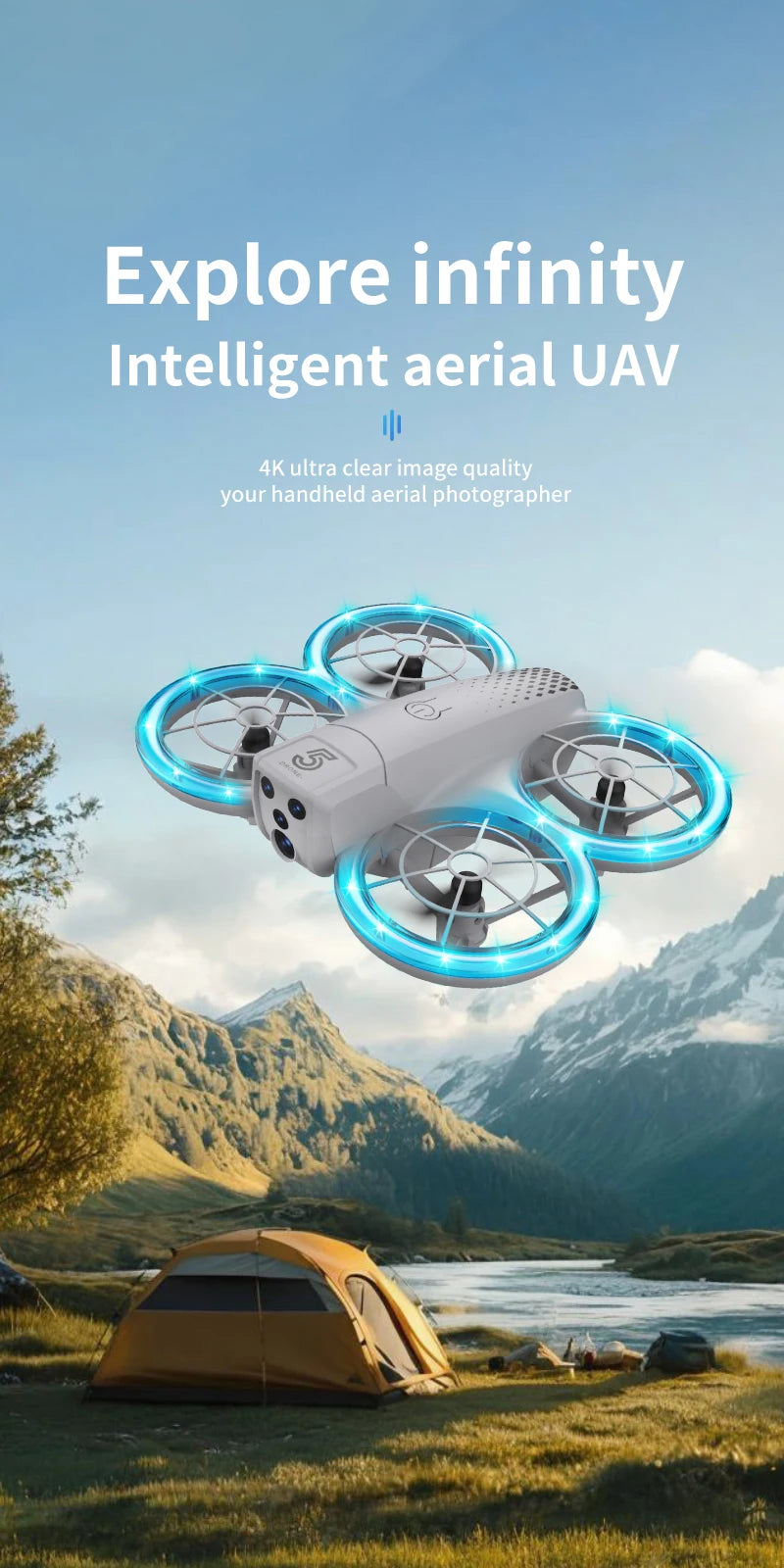 White, 4K camera drone with four propeller guards featuring blue LED light rings, designed for aerial photography.