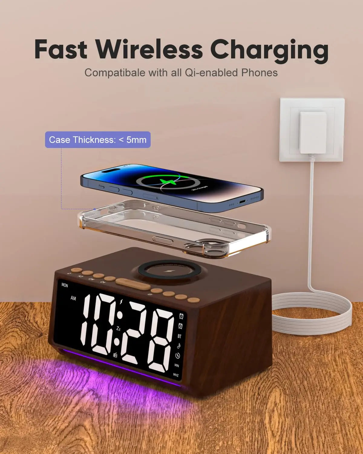 Wooden Digital Alarm Clock with Wireless Charger & Bluetooth Speaker Tidesmit