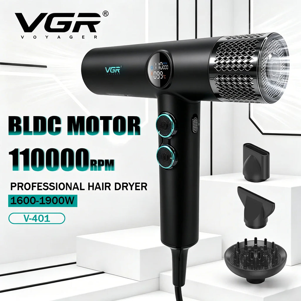 VGR V-401 matte black professional hair dryer with 110k RPM BLDC motor, digital display, and three styling attachments.