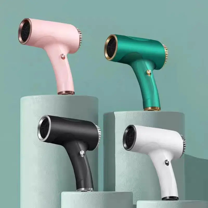 Pink, green, black, and white wireless portable hair dryers with negative ion technology on display pedestals.