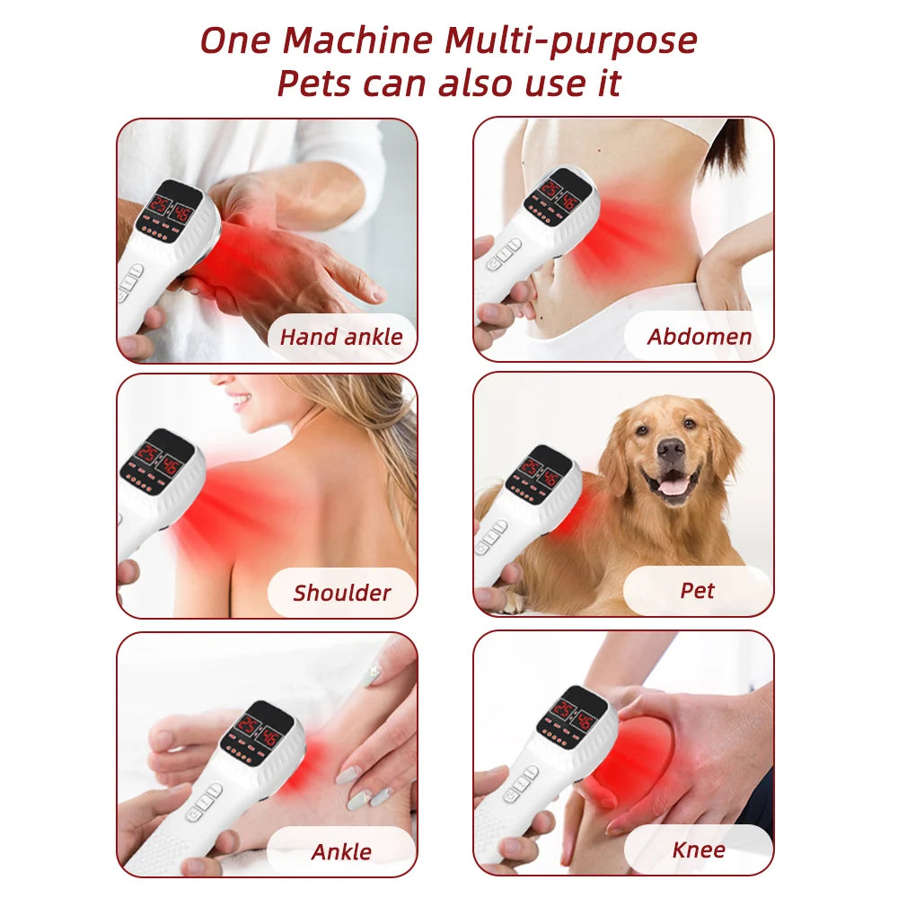 White handheld red and infrared light therapy device being used on various body parts and a dog.