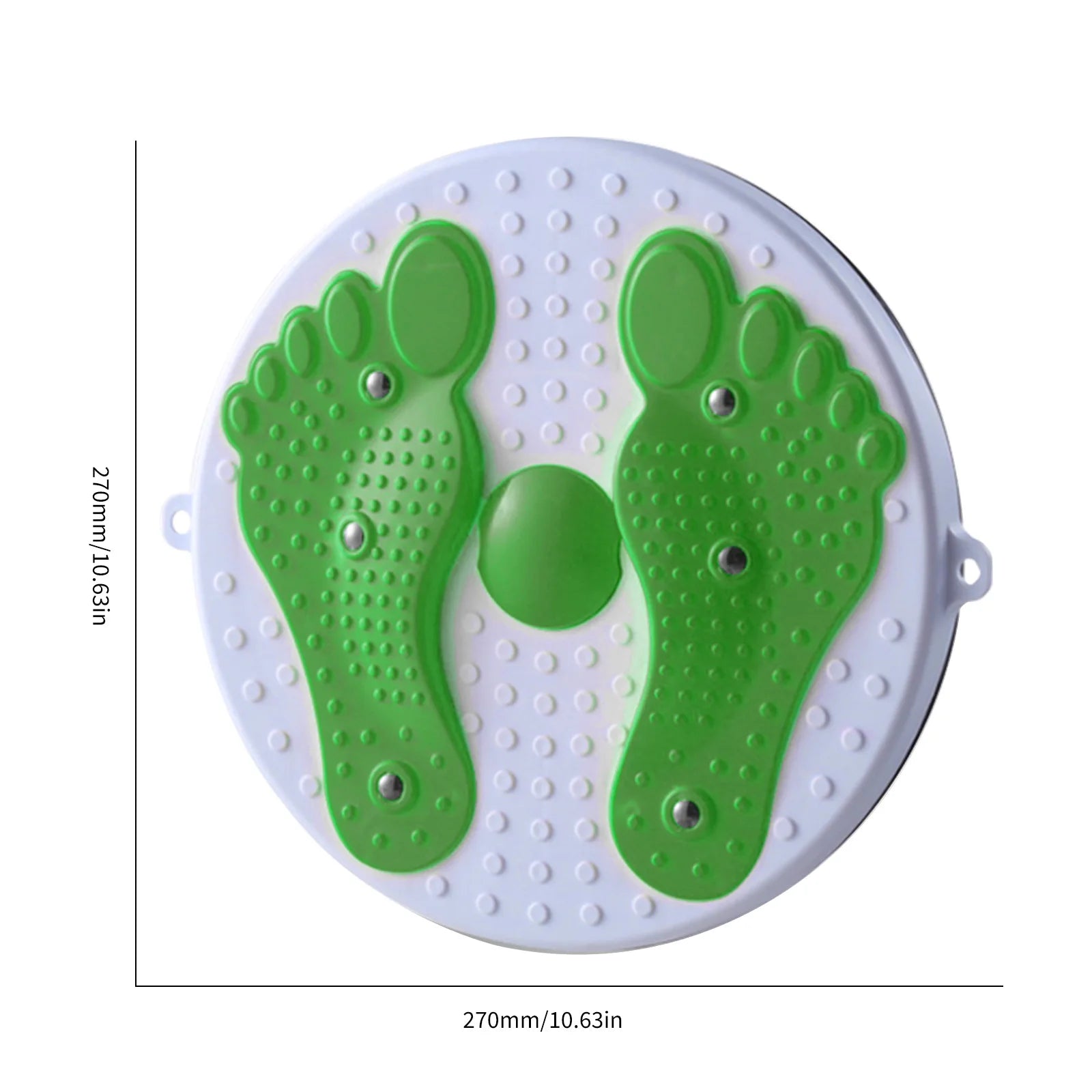 Round plastic waist twisting disc with green foot-shaped pads, massage nodes, and a 270mm diameter for fitness exercise.