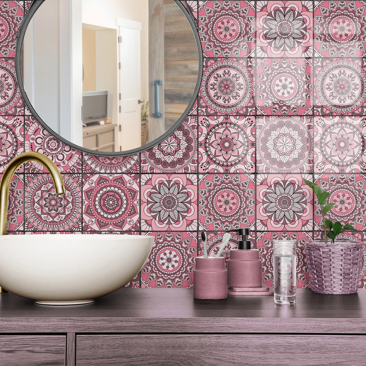 Pink and red tile-pattern self-adhesive wallpaper with circular medallion mosaic tiles