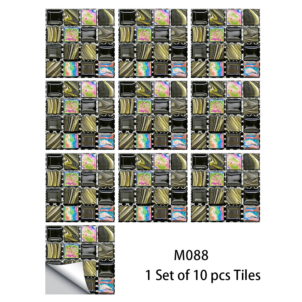 10pcs Flat Mosaic Style Tiles Sticker Kitchen Bathroom Waterproof & Oilproof Art Wall Sticker Peel & Stick Surface Glossy Film