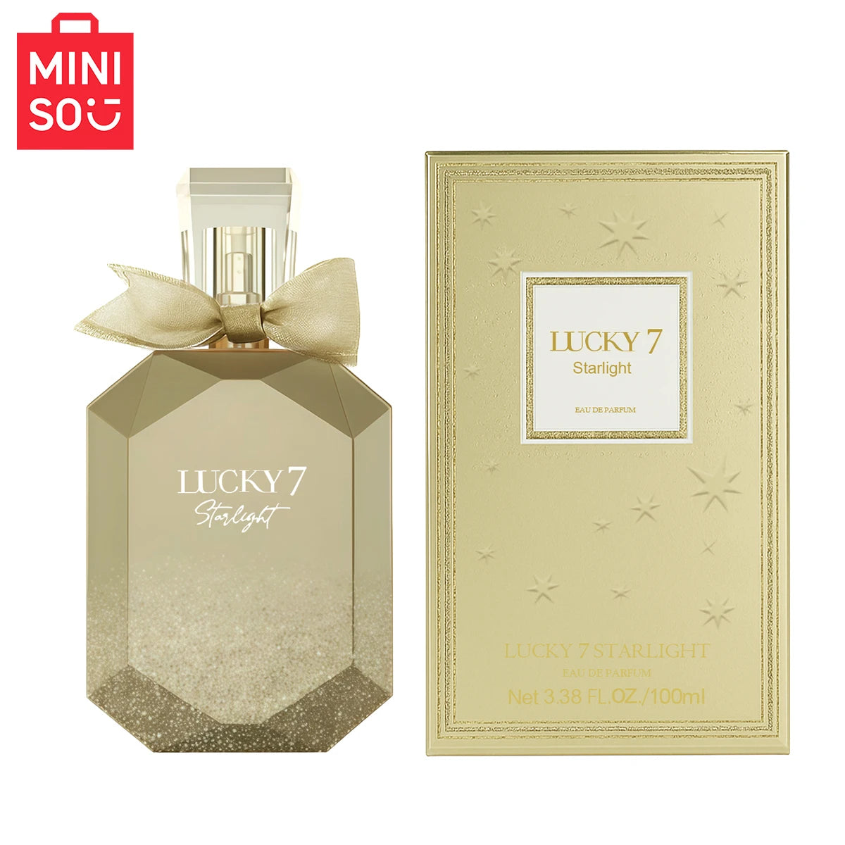 MINISO Lucky 7 Starlight Eau de Parfum for women, 100ml luxury floral scent in a faceted gold bottle with a bow.