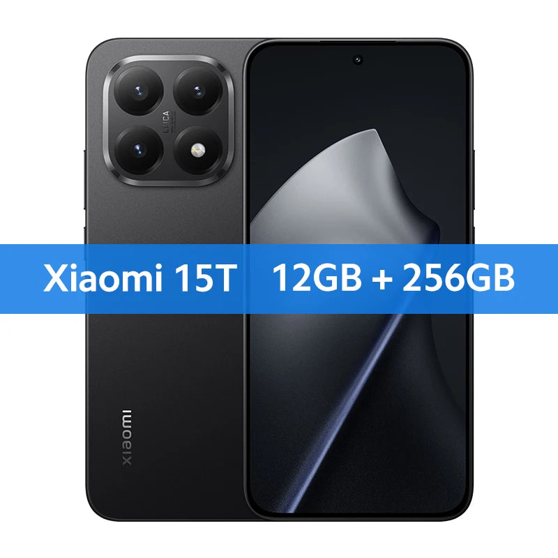 Black Xiaomi 15T 12GB/256GB global smartphone, front and rear view, Leica triple camera, 6.83-inch display.