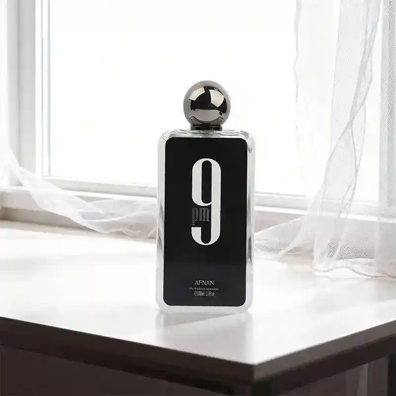 Afnan 9 PM 100ml men's extrait de parfum, sleek rectangular bottle, long-lasting luxury cologne gift for Valentine's.