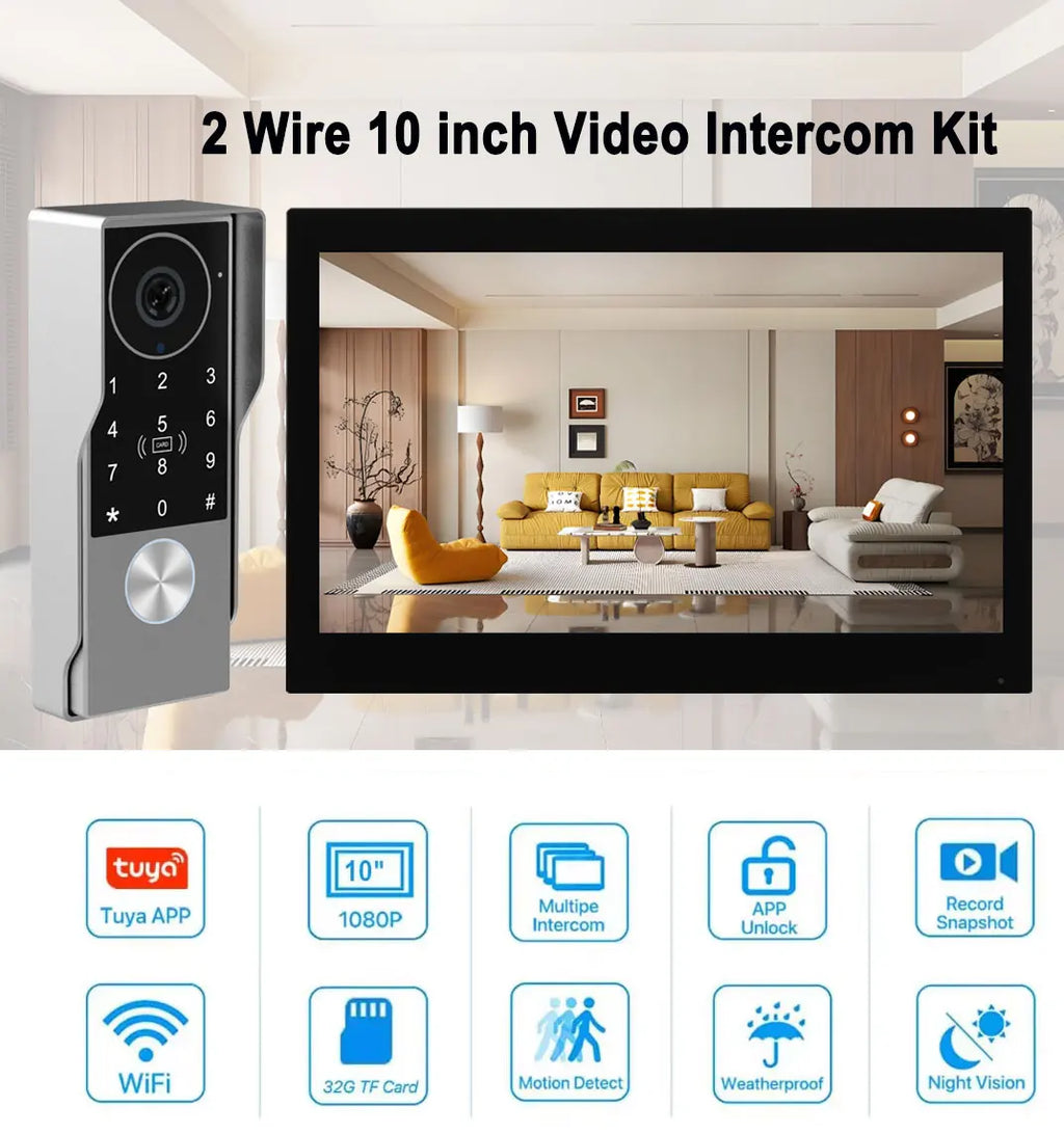 2Wire Tuya Smart Video Intercom Doorbell 5G WiFi 7/10inch Touch Screen 1080P Metal Outdoor Camera Doorphone Password 5in1 Unlock