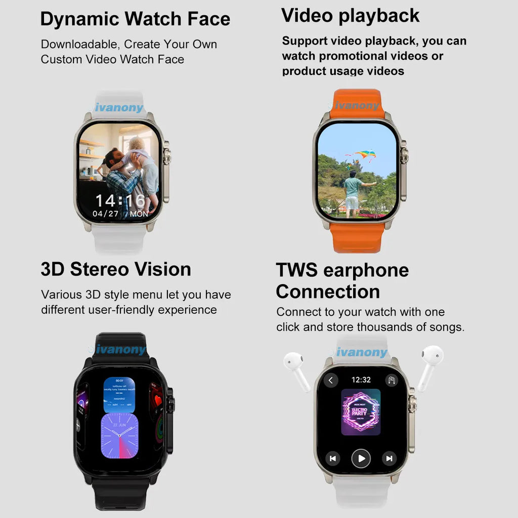 Ivanony Smart Watch DT Ultra 4 Smartwatch Men Support TWS Earphone Connect Bluetooth Call  Google Map Compass Amoled Smartwatch