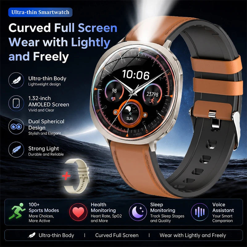 Round smartwatch with dark screen and brown leather-style strap showing 10:06