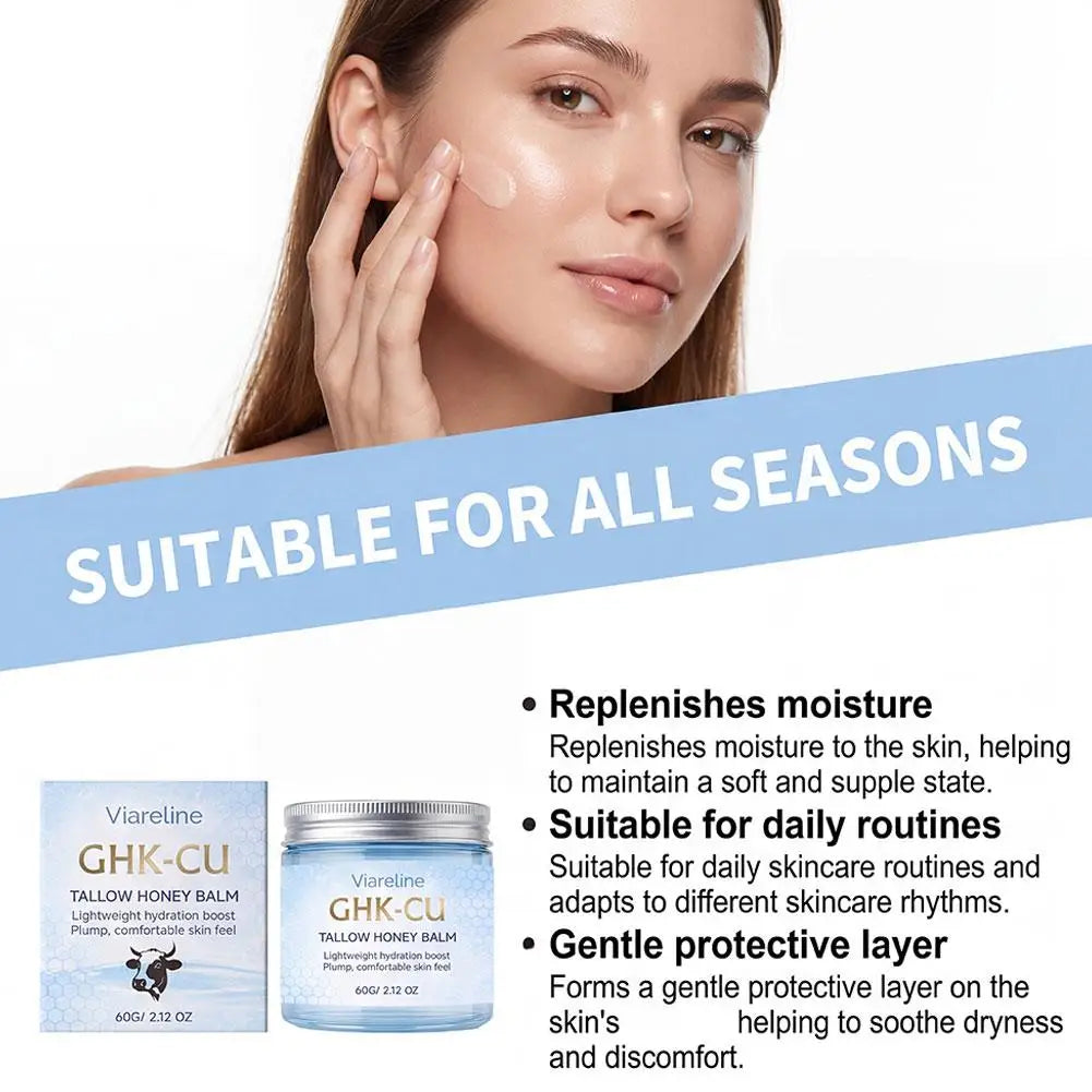 Viareline GHK-CU Copper Peptide Tallow Balm Day & Night Cream Firm Moisturize Honey Blue Balm for Mature, Dry & Sensitive Skin