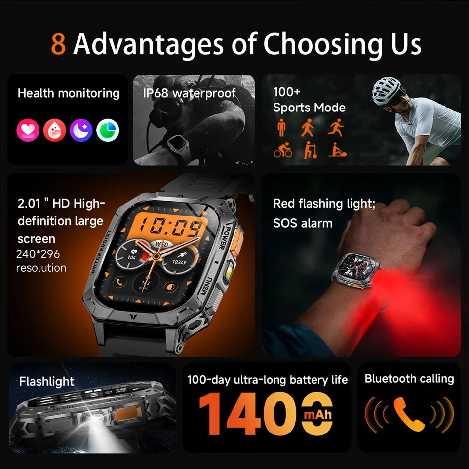 2026 New Hot flashlight Men Smartwatch Compass 1400 mAh BT call GPS fitness IP68 Waterproof Fashion Smartwatch For holiday Gifts