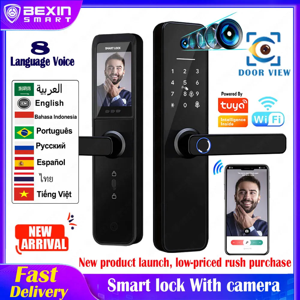 Tuya visual Wifi Digital Electronic Smart Fingerprint Door Lock With Biometric Camera intelligence Card Password Key Unlock