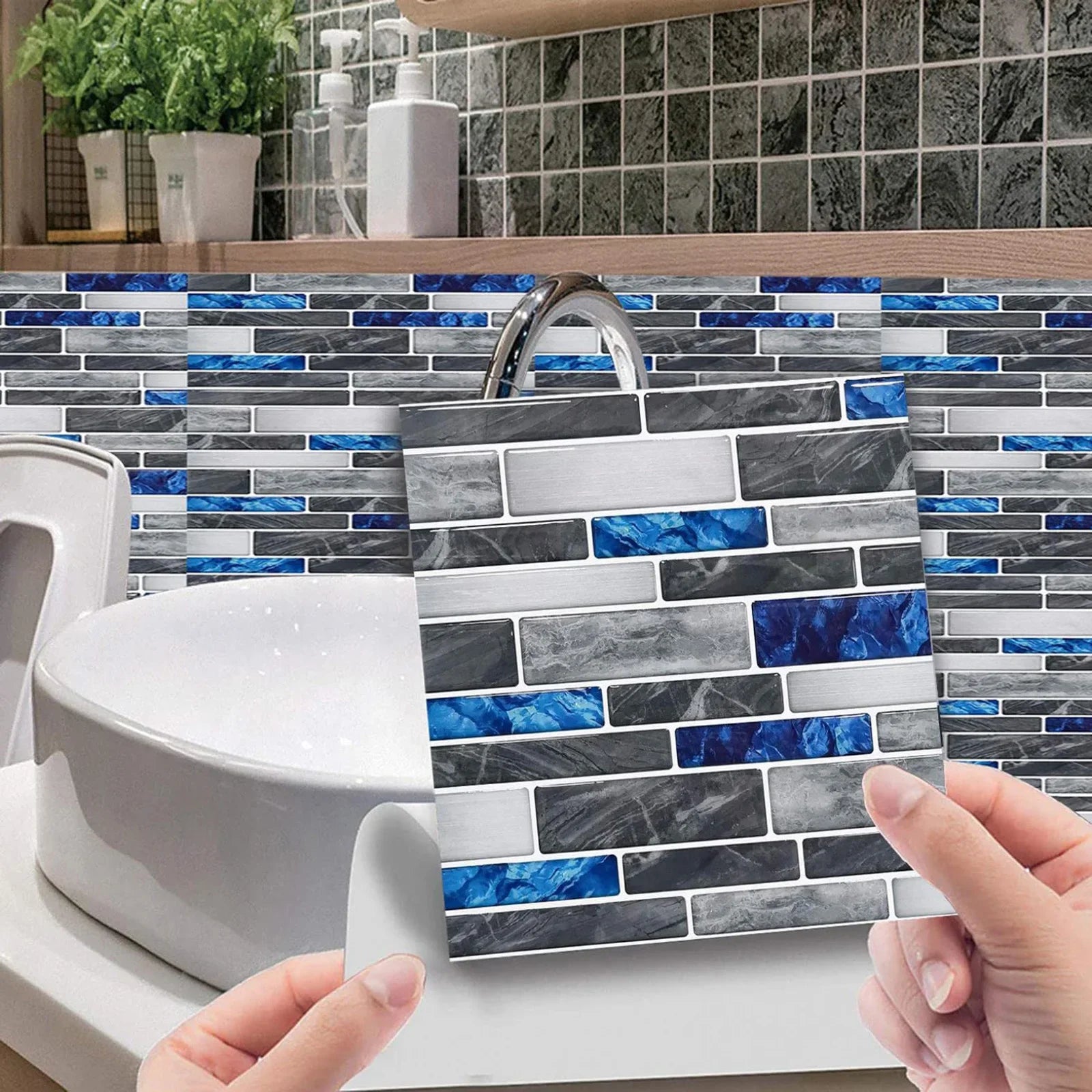 Self-adhesive 3D tile wall sticker sheet with blue and gray brick pattern, peel-ready