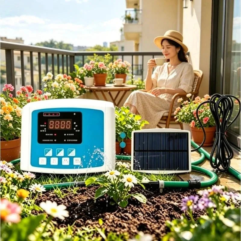 Solar Auto Drip Irrigation Kit Dual Water Pump Smart Watering Controller Outdoor Automatic Irrigation System for Yard Balcony Potted Plants & Home Flower Cultivation