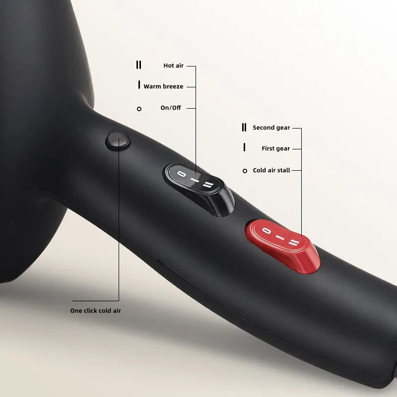 Black X6 2400W professional hair dryer handle with adjustable heat, speed settings, and one-click cold air button.