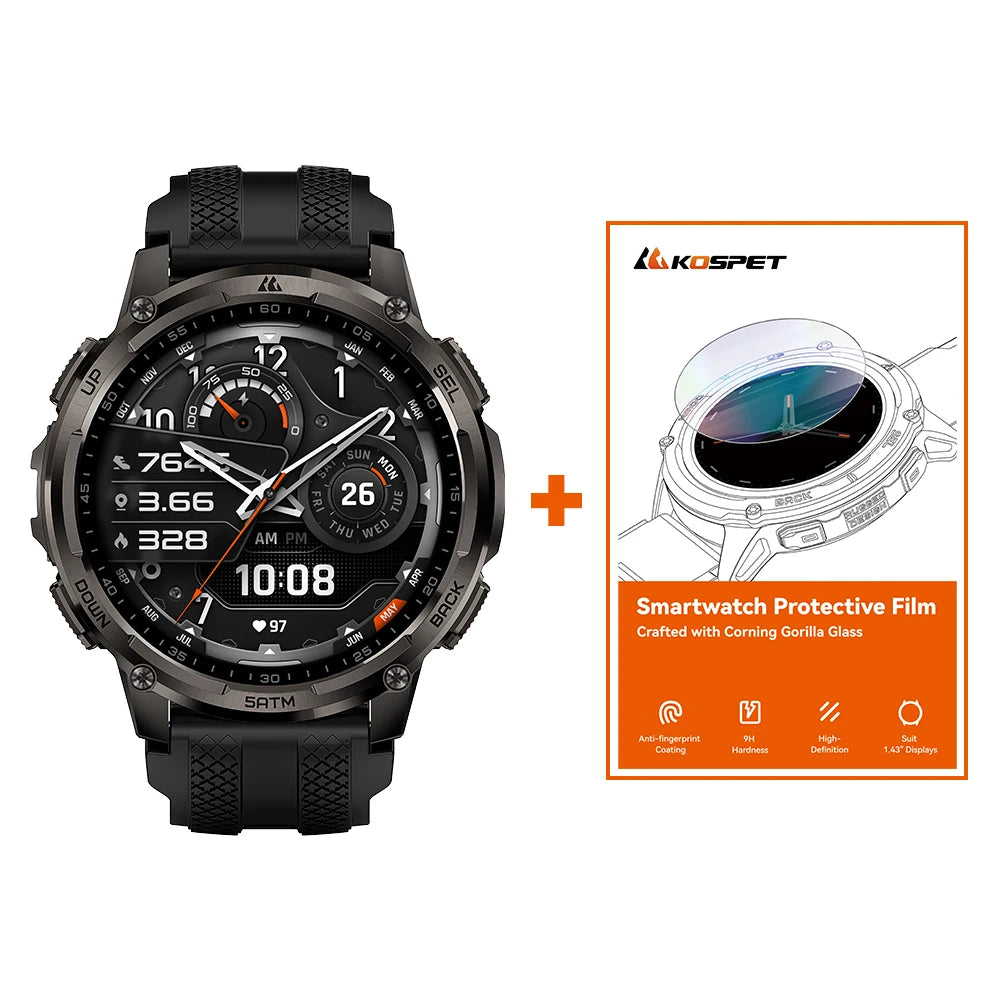 KOSPET TANK T4C Smart & Rugged Watch for Men Military-Grade Body with GPS Health Tracking & On-Wrist Flashlight 5ATM Waterproof