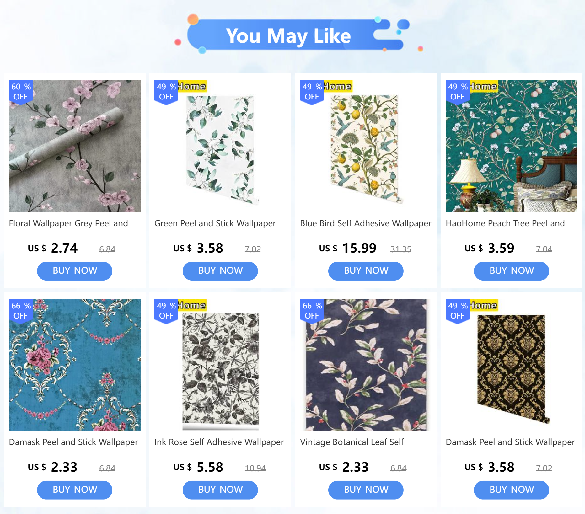 Promotional grid of peel-and-stick wallpaper designs with discount buttons