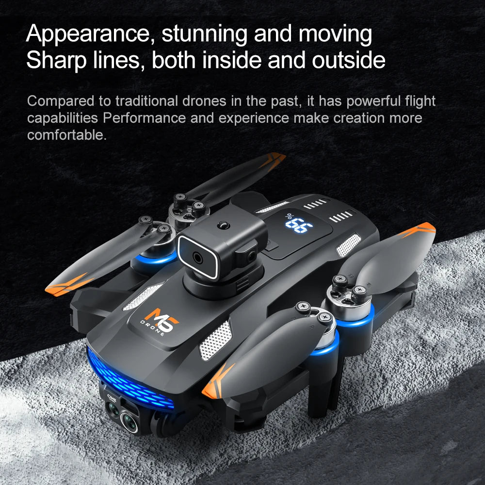 Black M5 foldable drone with orange accents, top digital display, and multi-lens camera for aerial photography.