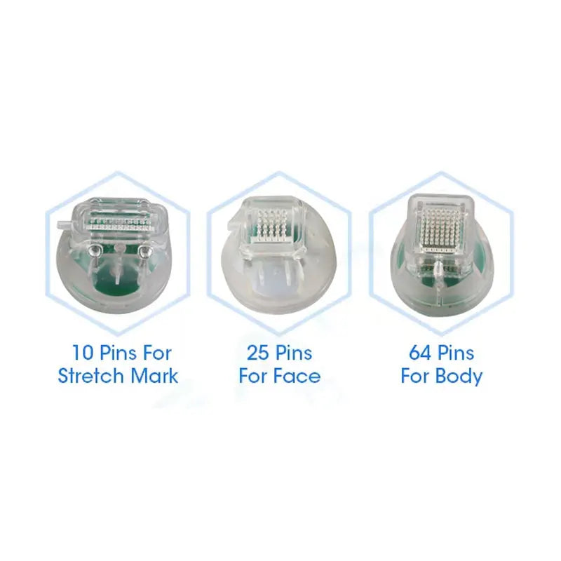 Portable RF skin tightening device tips: 10, 25, and 64-pin cartridges for facial wrinkles and body stretch marks.