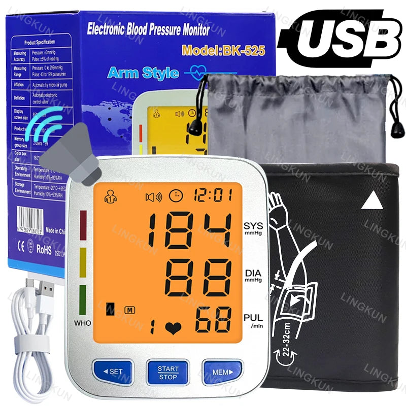 English/Spanish Voice Large Display Screen Rechargeable Automatic Tonometer Arm Blood Pressure Monitor Digital Tensiometer