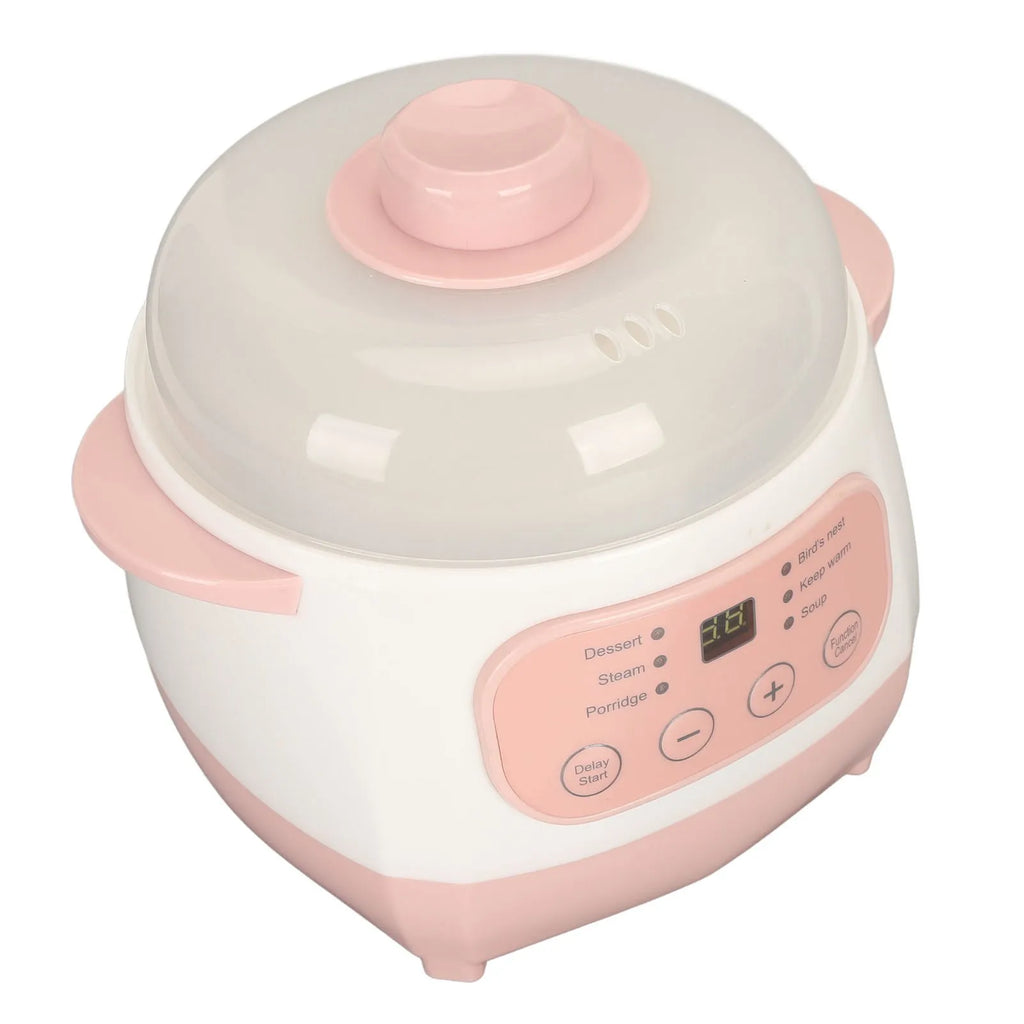 Pink mini electric rice cooker close-up of clear lid and LCD button control panel