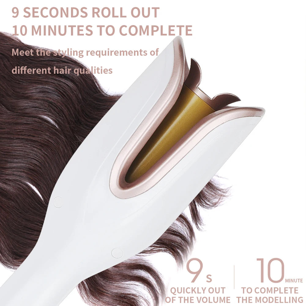 White and rose gold automatic hair curler with ceramic barrel, ideal for quick, effortless, salon-quality beach waves.