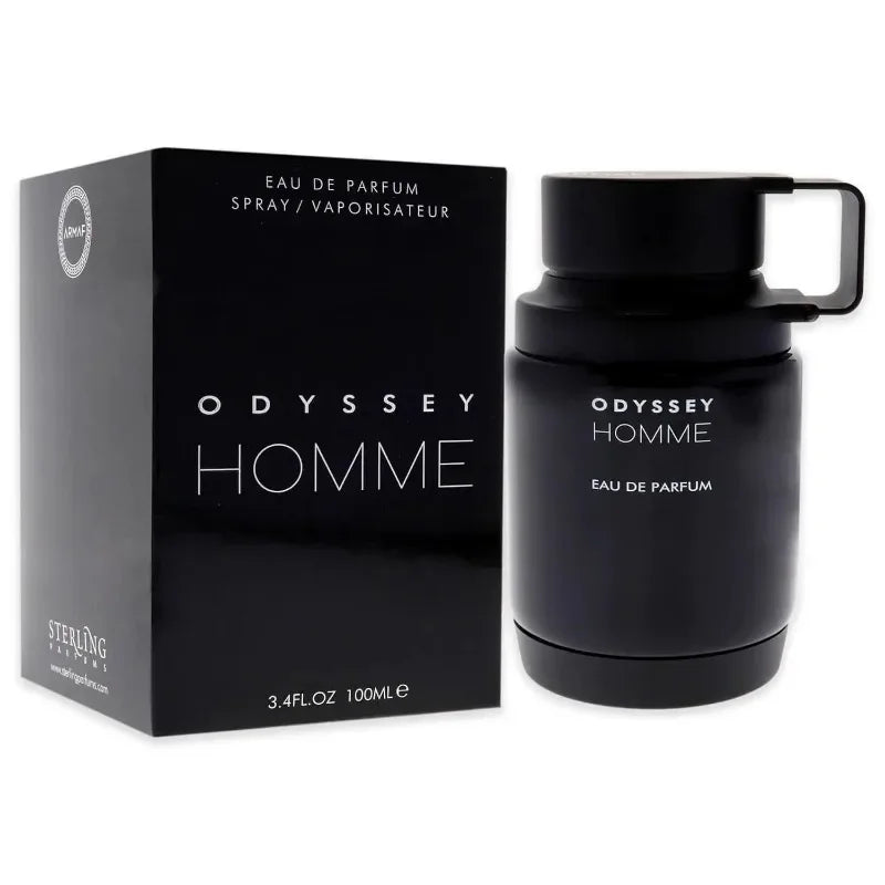 Armaf Odyssey Homme 100ml EDP: Black minimalist cologne bottle and box, luxury Middle Eastern men's fragrance spray.