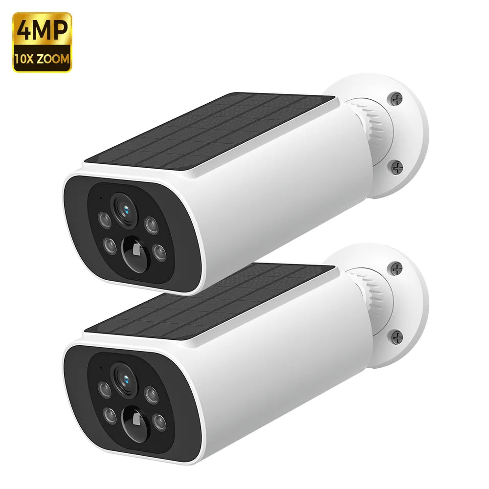 Two-pack white solar security cameras with solar panels and front quad-lens