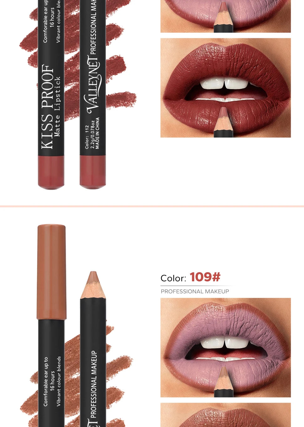 4pcs set of waterproof velvet matte wood lipsticks in nude and brown shades, shown with long-lasting lip swatches.