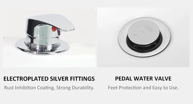White foot bath with chrome faucet and pedal water valve cover