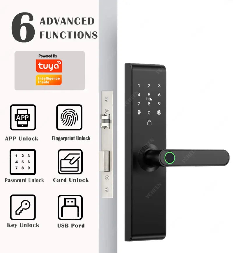 Keyless Tuya Bluetooth APP Digital Biometric Fingerprint Electric Smart Door Handle Key Card Lock with 5050 72 85 Mortise