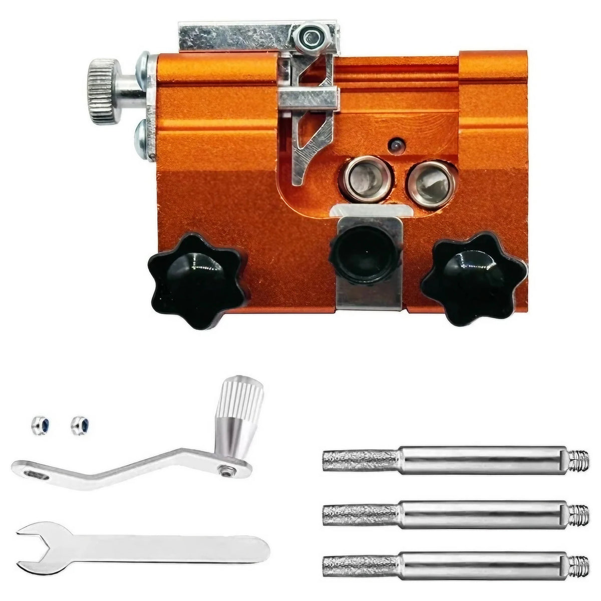 Orange manual chainsaw sharpener kit with burr stone bits, adjustment tool, and wrenches