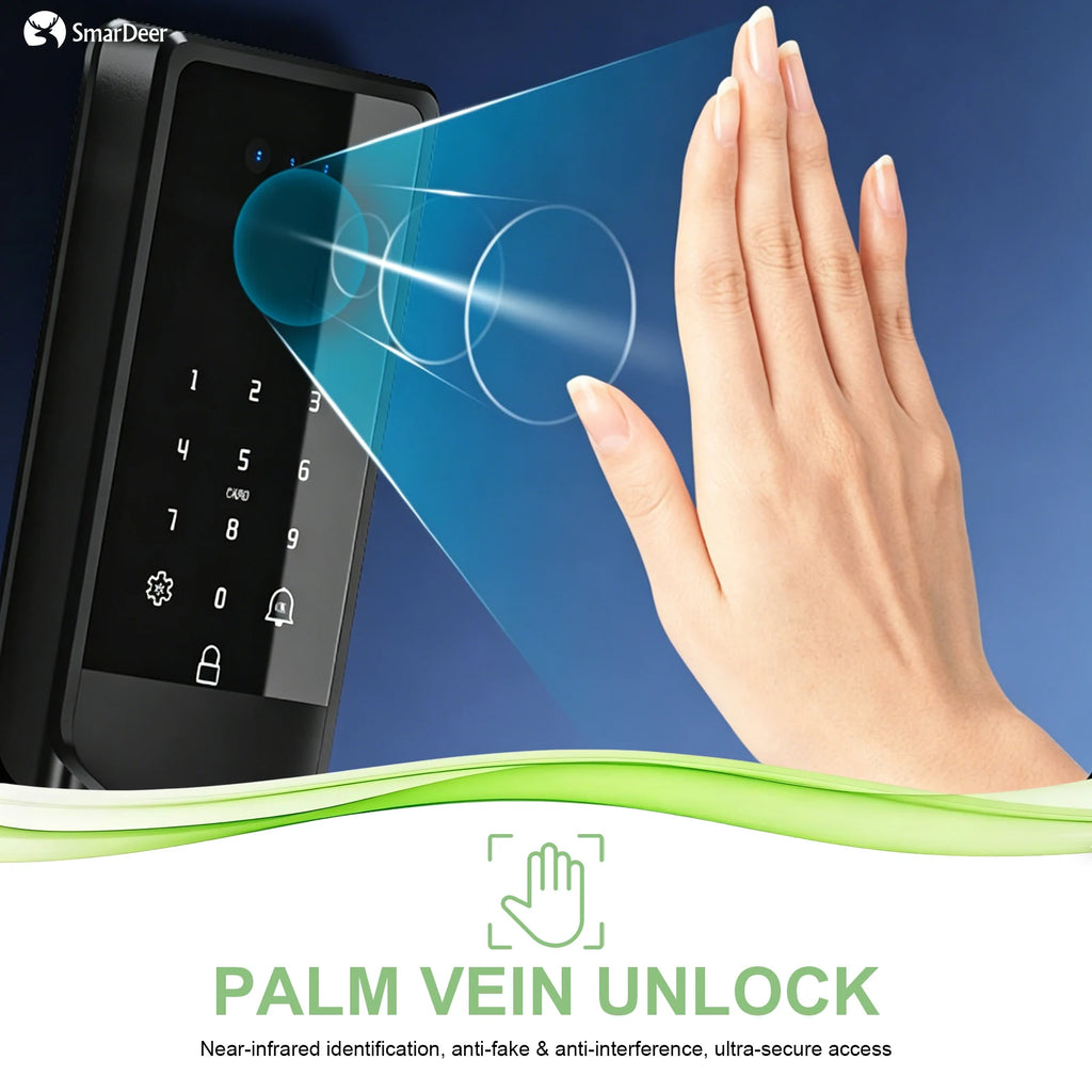 SmarDeer IP66 Outdoor Waterproof Smart Lock,3D Facial & Palm Vein Recognition Lock,Tuya WiFi Keyless Entry Security Lock