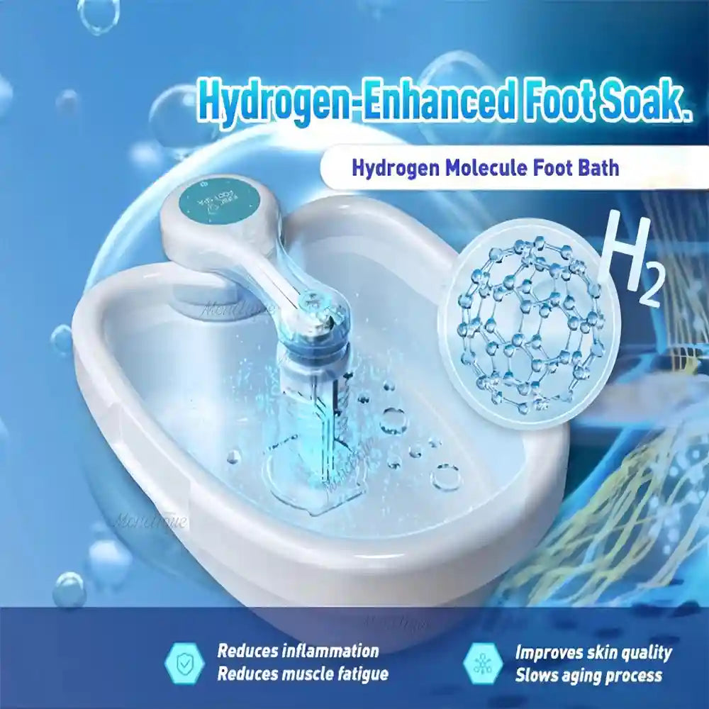 White hydrogen therapy foot spa basin with ionic detox array for home vibration massage and revitalizing wellness care.