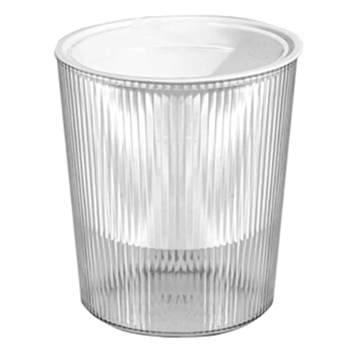 Clear translucent self-watering planter pot with vertical ridges and inner water line.