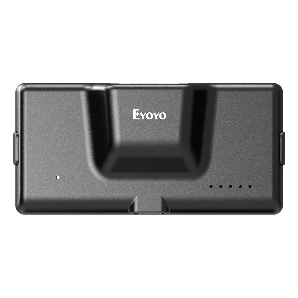 Close-up of Eyoyo clip-on 2D barcode scanner back with logo and charging indicator ports