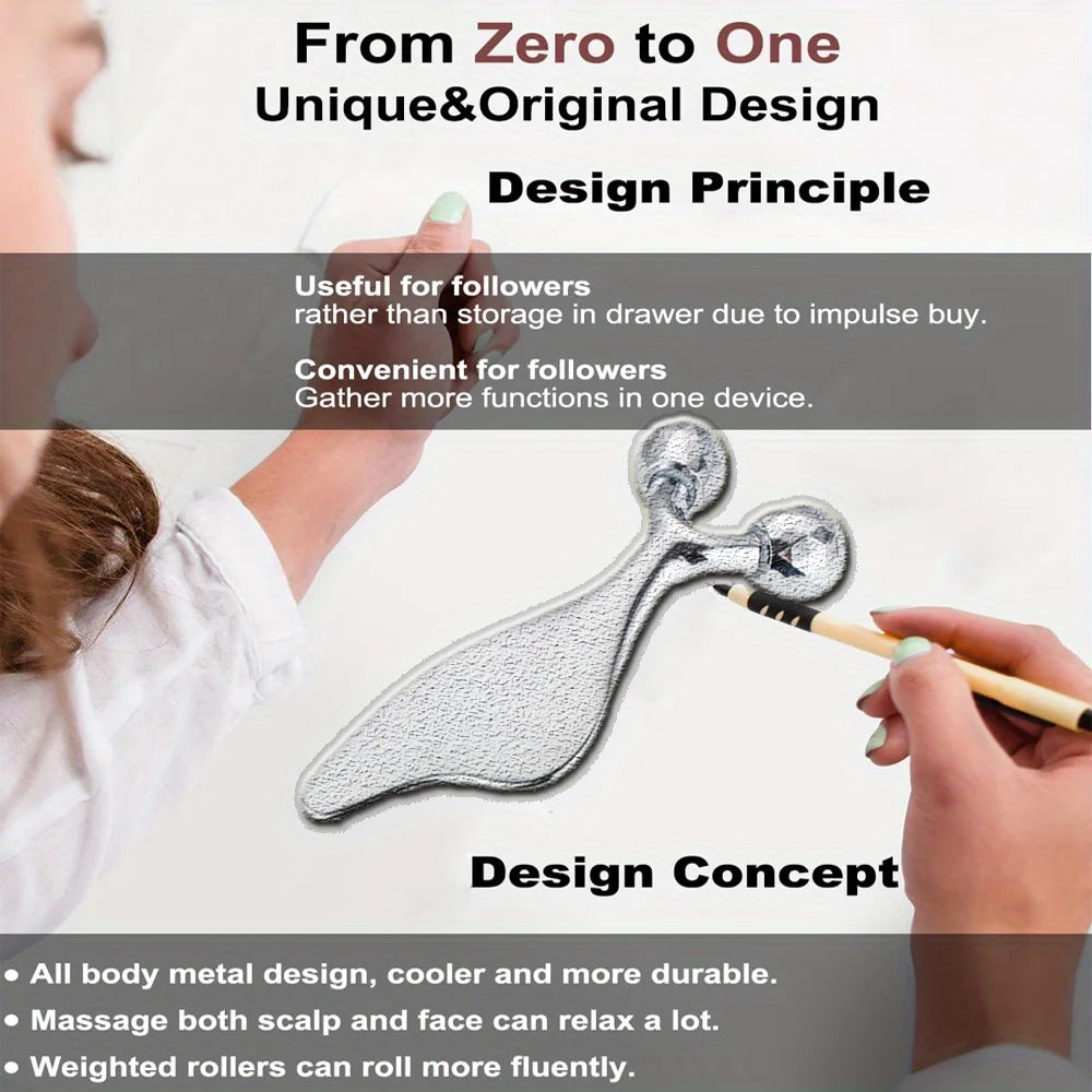 Silver, 2-in-1 facial massager and Gua Sha tool with dual rolling spheres and a textured, ergonomic metal handle.