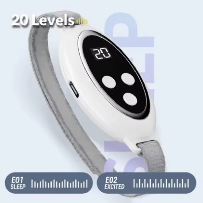 White handheld microcurrent sleep aid device with digital 20-level display for anxiety and insomnia relief.