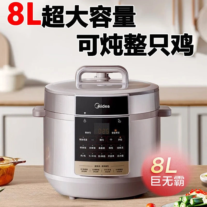 8L electric pressure cooker on countertop with lit display and top steam vent handle